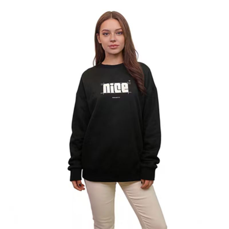 女士黑色圆领卫衣春秋宽松休闲 “nice” 字母印花套头上衣
