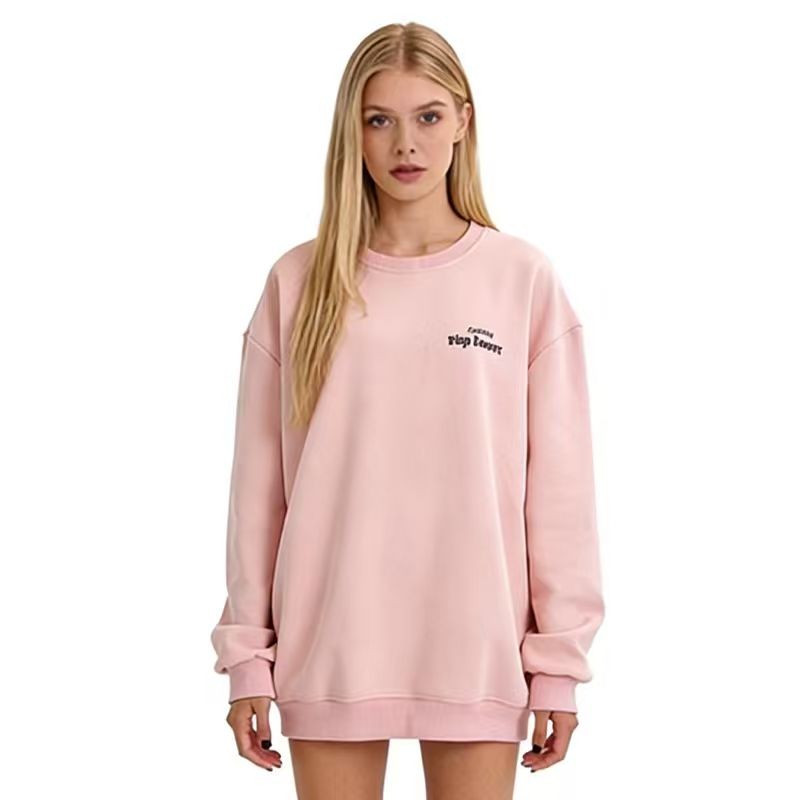 樱花粉慵懒风宽松圆领卫衣女 秋冬百搭显瘦遮肉休闲上衣