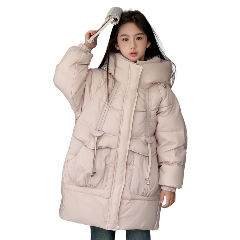 女童冬季中长款连帽羽绒服宽松加厚保暖儿童甜美风收腰外套