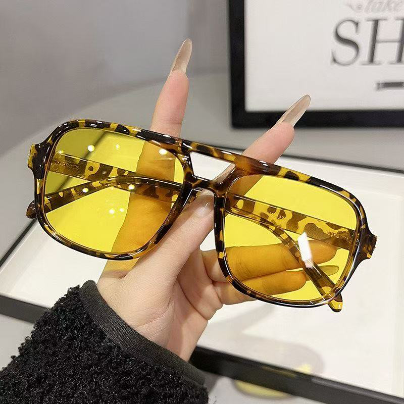 复古豹纹双梁夜视墨镜男 黄色镜片防眩光驾驶太阳镜