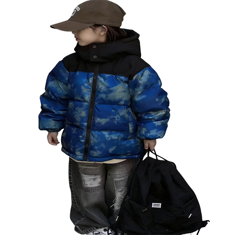 儿童拼色扎染羽绒服 男女童冬季加厚保暖连帽面包服外套