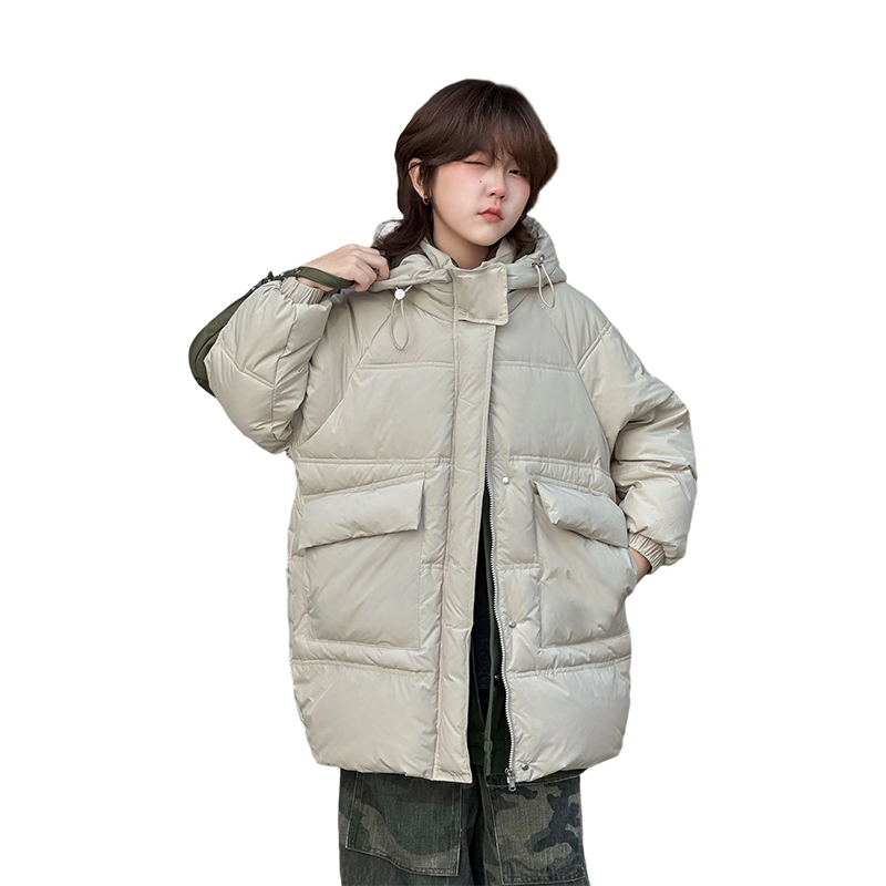 儿童中性风米白中长款羽绒服 宽松连帽加厚保暖男女童冬装