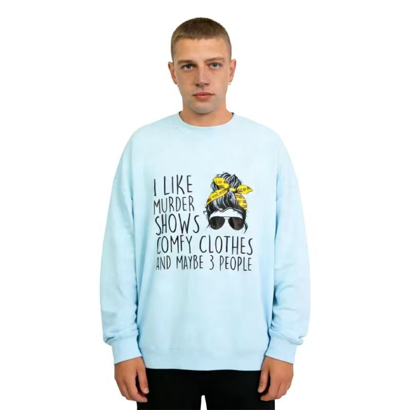 浅蓝趣味文案印花圆领卫衣男 宽松慵懒风秋冬百搭休闲上衣